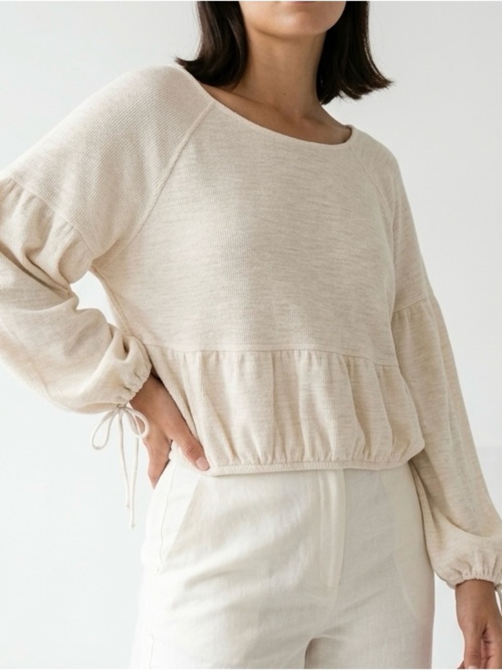 Aerie Endless Summer Cropped Peplum Sweatshirt Tie Cuff Cream Boho Small